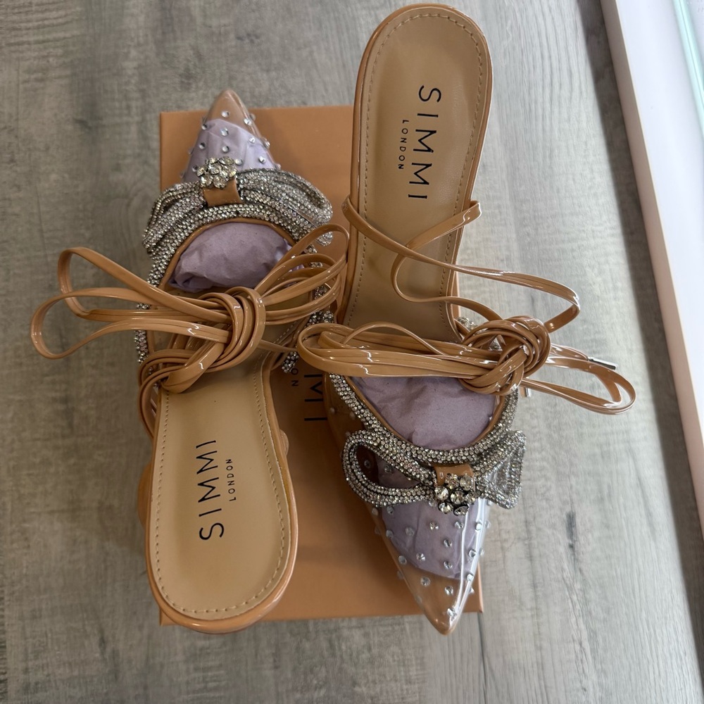 Women's Tan and Clear Embellished Heels
